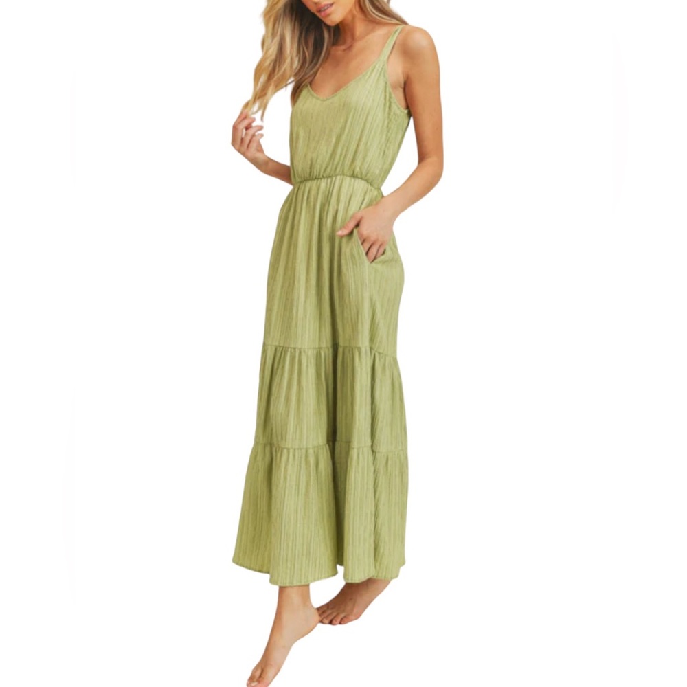LUSH Celery Tiered Maxi Dress Sz M Green